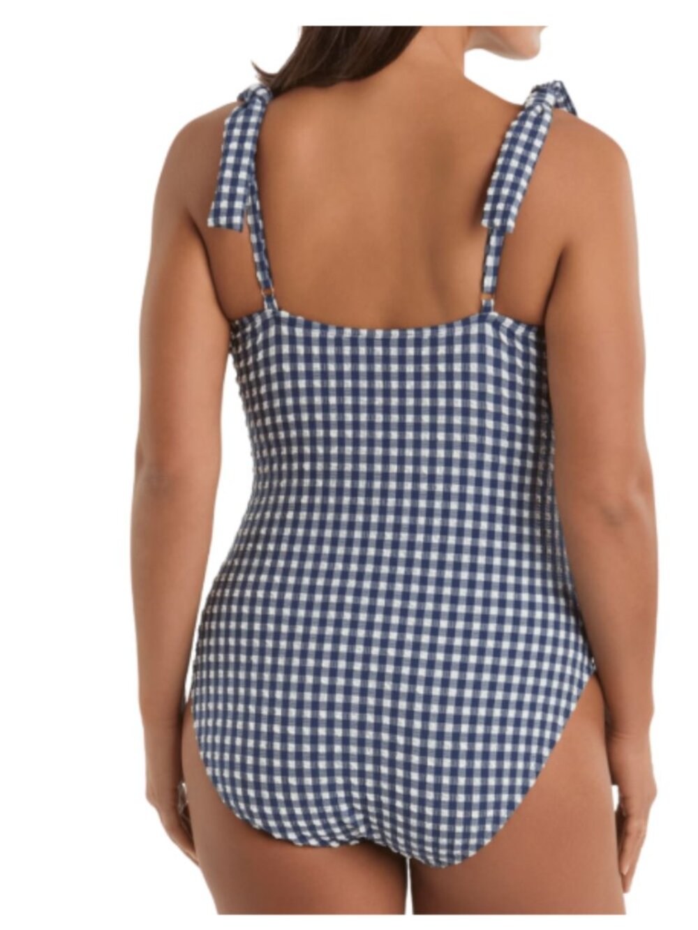 Ellen Tracy Gingham One Piece Swimsuit Ruched Tie Strap NWT Size M - Picture 2 of 10